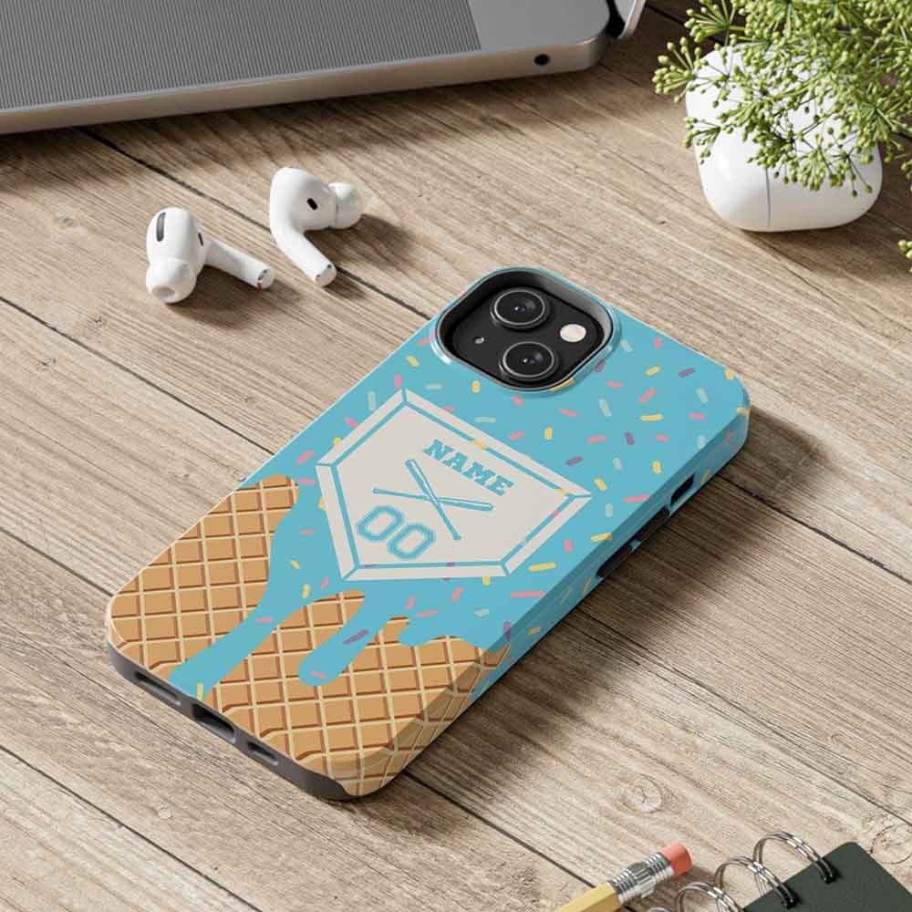 Personalized Name Baseball Lifestyle Inspired Phone Case, Blue Dripping Ice Cream Cone Custom Phone Case, Baseball Fashion Gift For Baseball Lovers