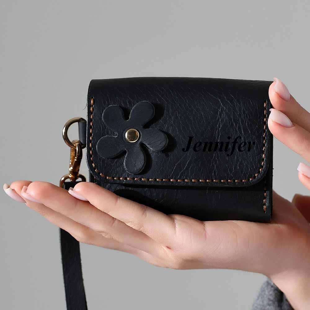 Personalized Women Leather Wallet with Flower, Custom Leather Wristlet Zippered Coin Pocket, Engraved Leather Money & Card Holder Gift Her