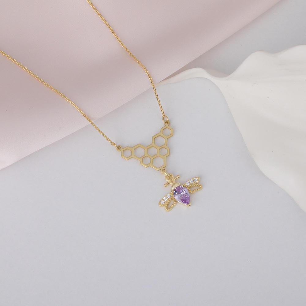 Honeycomb Necklace with Bee Charm, Custom Birthstone Bee Necklace, Beekeeper Jewelry, Save the Bees, Gift for Her, Birthday Gift