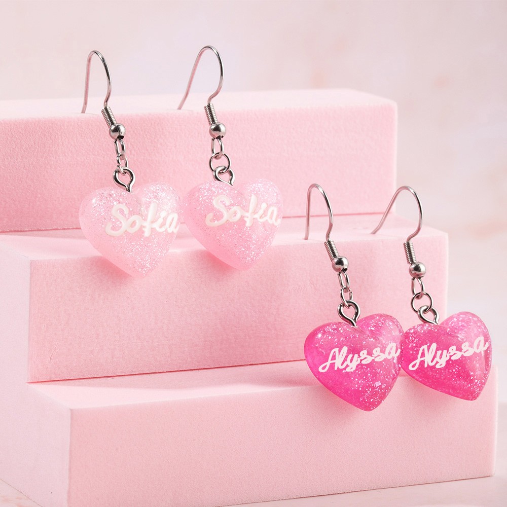 Personalized Name Pink Doll Earrings, Custom Glitter Heart Charm Earrings, Friendship Gifts, Birthday Gifts for Best Friends/Sister/Her