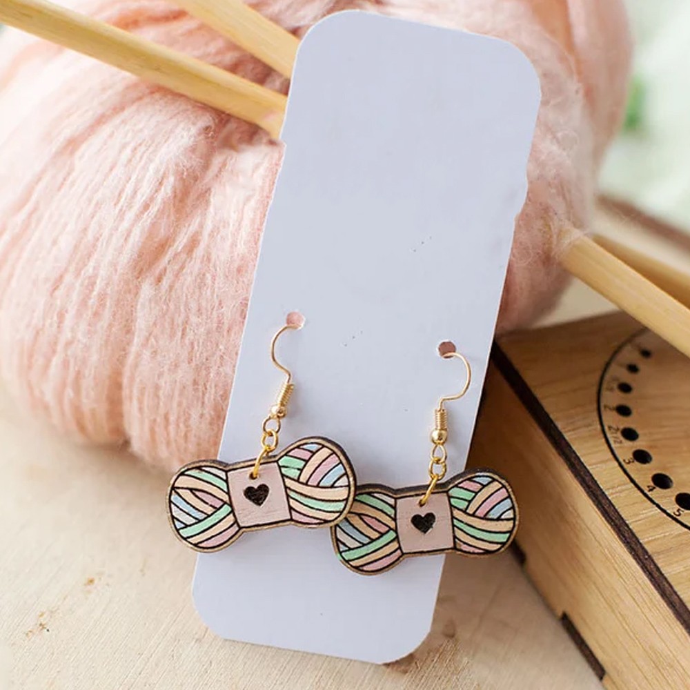 Custom Initial Knitters Wool Wooden Earrings, Quirky Earrings, Engraved Wooden Stud Earrings, Engraved Earrings, Gifts for Knitters