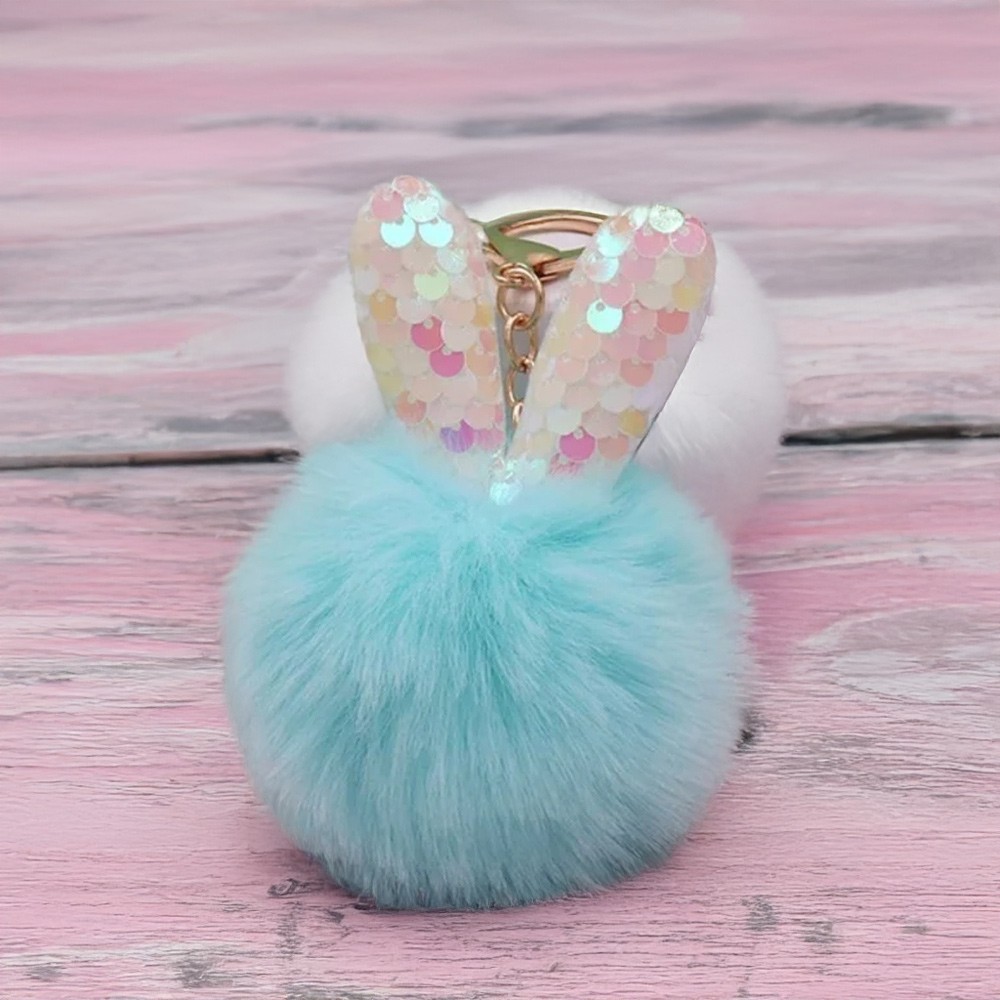 Porte-clés oreilles de lapin à paillettes avec pompon