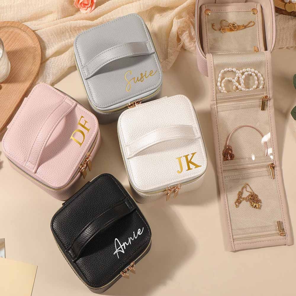 Personalized Leather Jewelry Box, Name Travel Jewelry Case, Bridesmaid Proposal, Custom Bridal Party Gift, Wedding Favor, Valentines Day Gifts