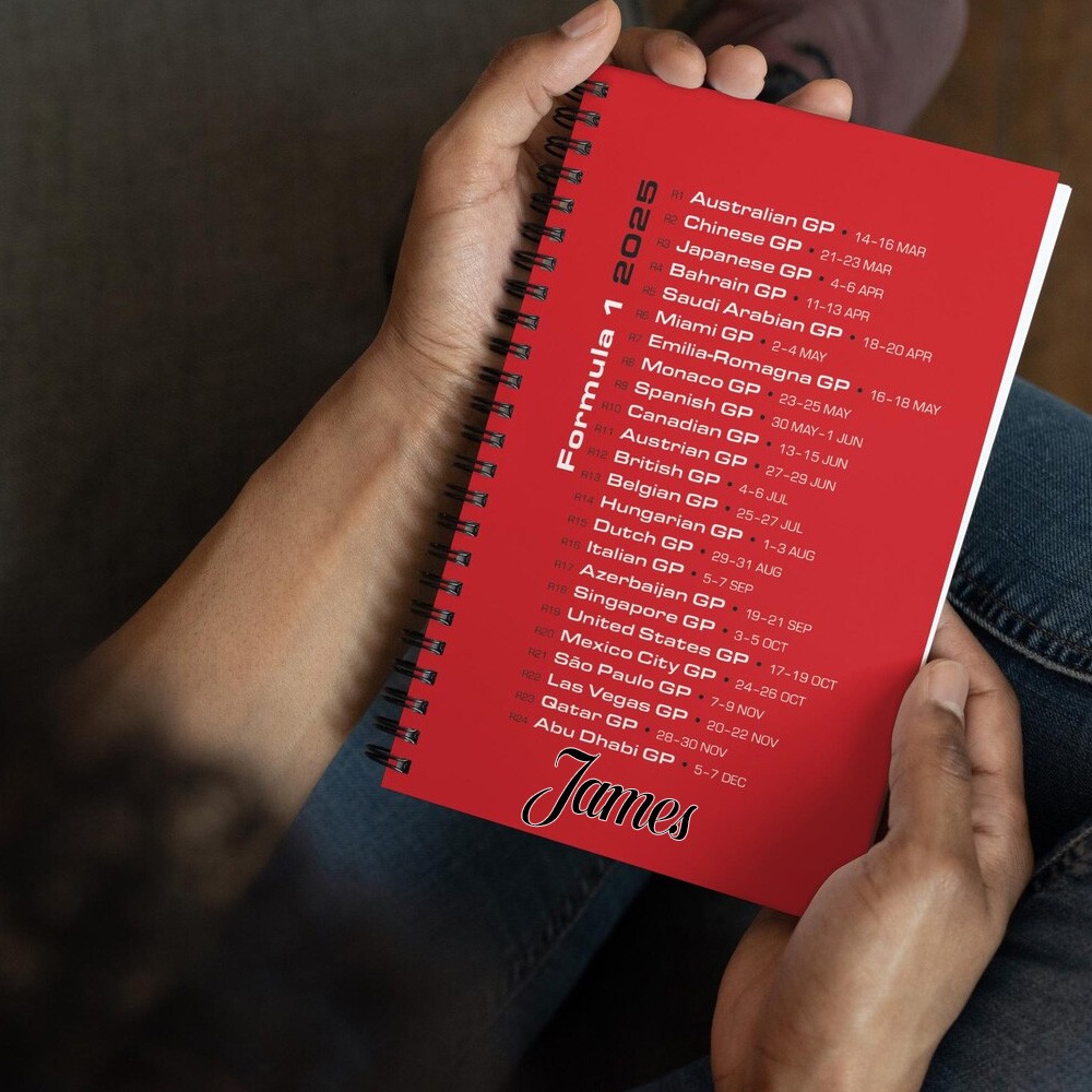Custom Name F1 Schedule Spiral Notebook, 2025 Races on Cover, Blank Dot Ruled Pages, Grand Prix at a Glance