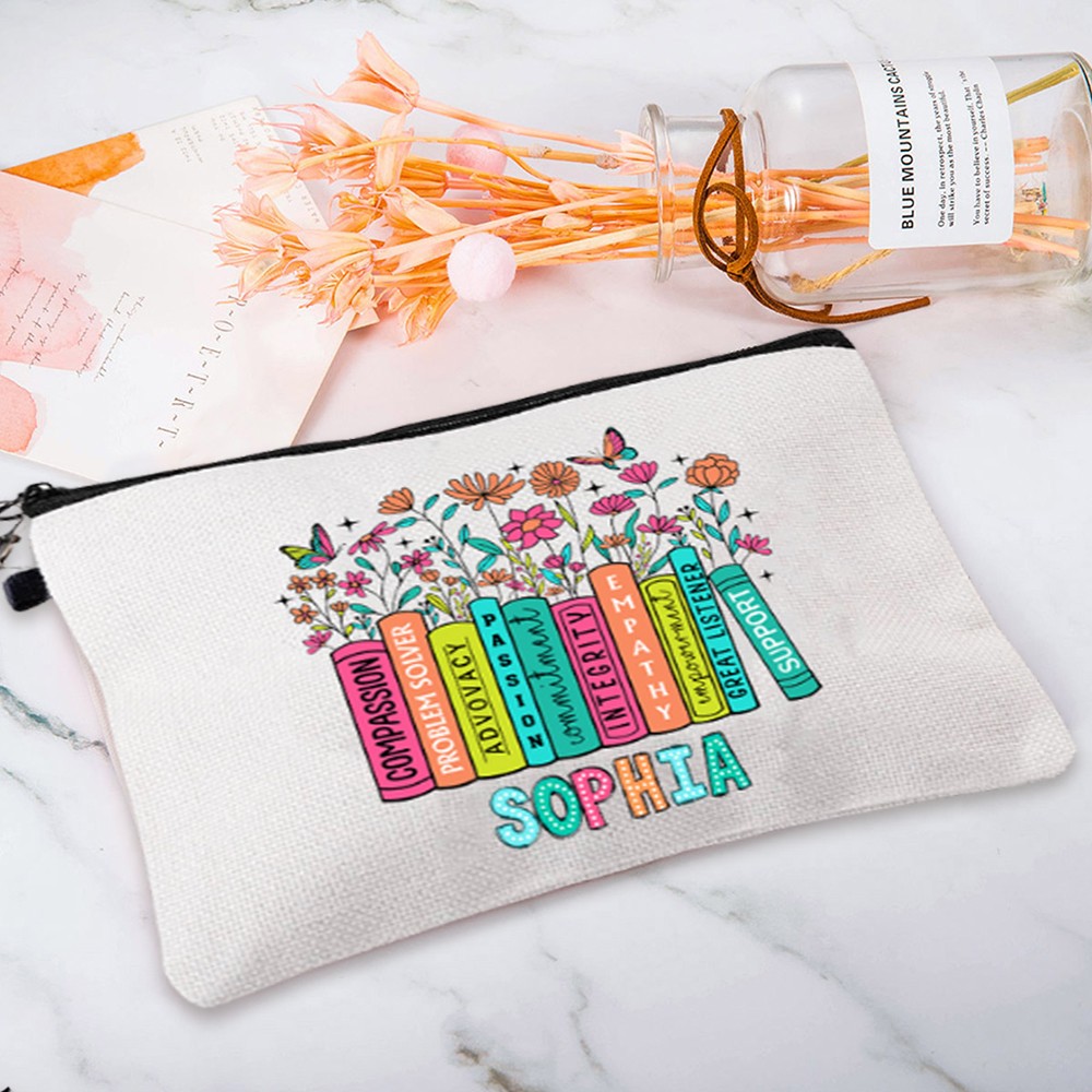Custom Wildflowers Teacher Cosmetic Bag, Linen Makeup Pouch with Zipper ...