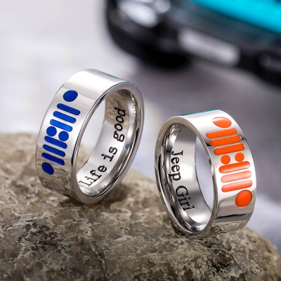 Custom Name Jeep Ring, Stainless Steel Unisex Ring with Jeep Grill and Headlights Pattern, Jewelry Gift for Jeep Girl/Jeep Guy/Jeep Lovers