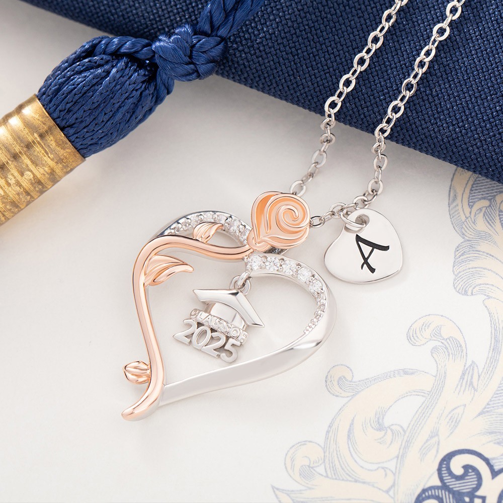 Custom Initial Graduation Hat Heart Necklace