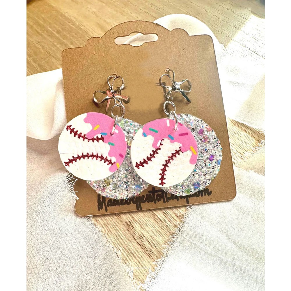 Custom Ice Cream Dripping Baseball Earrings with Glitter & Bow, Kawaii Baseball Donut Earrings, Birthday Gift for Baseball Mom/Baseball Lovers/Her