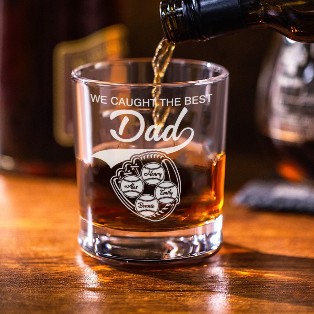 Personalized We Caught The Best Dad, Personalized Whiskey Glass Gift For Him, Custom Kid's Name Baseball, Father's Day Gifts, Gifts for Dad