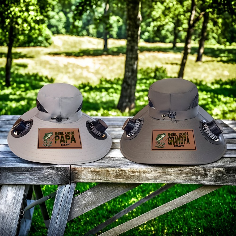 Personalized "Reel Cool Dad" Hat with Dual Fans – Solar & Battery Powered Wide Brim Sun Hat for Outdoor Work & Fishing, Custom Gift for Dad,Grandpa
