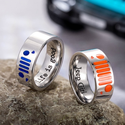 Custom Name Jeep Ring, Stainless Steel Unisex Ring with Jeep Grill and Headlights Pattern, Jewelry Gift for Jeep Girl/Jeep Guy/Jeep Lovers