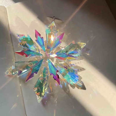 2025 Christmas Decoration Crystal Snowflake Star, Clear Multicolor Faceted Crystal Tone Metal Decoration and Artificial Silk Ribbon - New Year Christmas Tree Decoration Wedding Party Window Hanging Ornaments