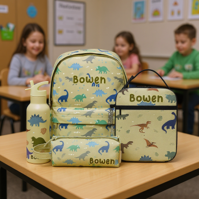 Custom Kids Backpack Set with Lunch Bag, Pencil Case, and Water Bottle – Personalized Name School Bag for Boys & Girls, Vehicle, Animal, Dinosaur, or Rainbow Design, Best Back to School Gifts