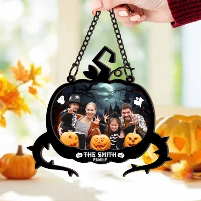 Personalized Name & Photo Spooky Pumpkin Suncatcher Ornament, Family Portrait Memorial Ornament Window Hanging, Halloween Gift for Mom/Dad/Family