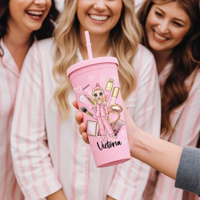 Personalized Makeup Pajamas for Women with Pink Makeup and 24oz Pink Cup with Straw, Perfect for Party Favors or Gifts for Her