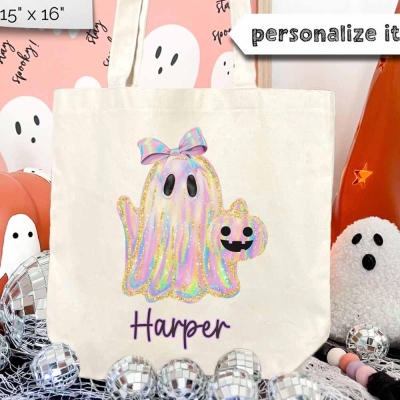 Personalized Name Halloween Ghost and Pumpkin Tote Bag, Large Capacity Tote Bag, Trick or Treat Candy Bag, Birthday/Halloween Gift for Her/Girls/Kids
