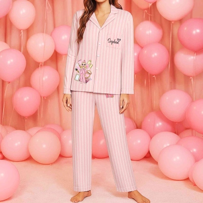 Personalized Makeup Pajamas Girls Pink Striped Pajamas, Customized Cute Long Sleeve Pajamas, Bachelorette Party Gifts, Bridesmaid Gifts