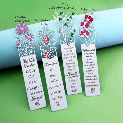 Personalized Engraved Birth Flower Metal Bookmark, Hollow Bookmark with Text, Book Accessory, Birthday/Retirement Gift for Family/Book Lovers/Friends