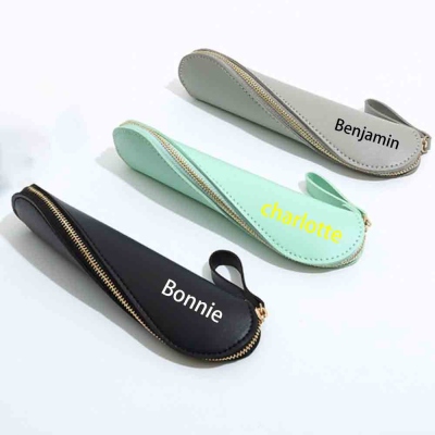 Personalized Name Spiral Closure Pencil Case, PU Leather Retro Pen Pouch with Zipper & Wrist Strap, Birthday/Back to School Gift for Kids/Students