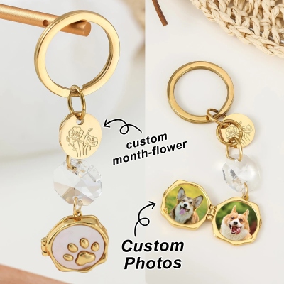 Personalized Birth Flower Locket Keychain with Photos, Vintage Paw Print Crystal Frame Pendant, Anniversary/Birthday Gift for Family/Pet Lovers/Her