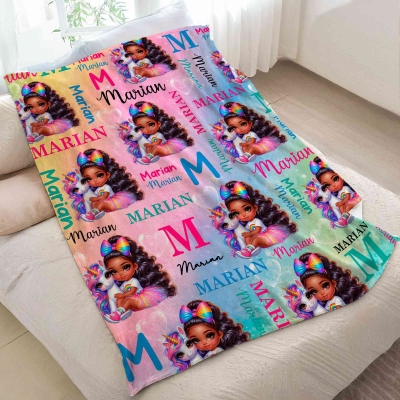 Personalized Black Children's Blanket, Colorful Unicorn Blanket, African American Birthday Gift, Back to School Gift, Christmas Gift for Kids