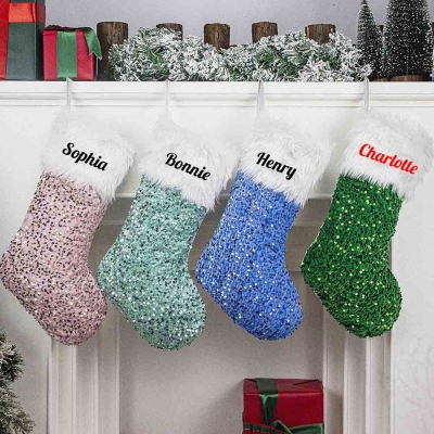 Personalized Name Glitter Christmas Plush Stocking, Christmas Tree Hanging Decor, Holiday Party Favor, Home Decor, Christmas Gift for Kids/Family
