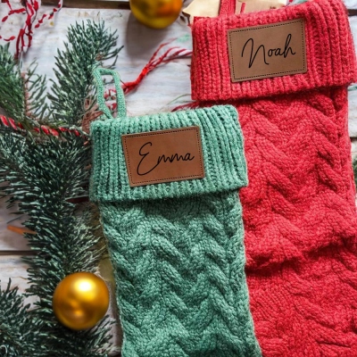 Personalized Family Name Christmas Stockings, Leather Patch Christmas Stockings, Custom Christmas Stockings with Name, Christmas Gift for Family