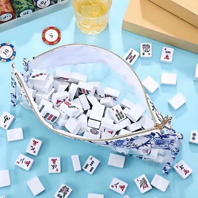 Personalized Blue and White Porcelain Mahjong Storage Bag, Customized Name, Large Capacity Waterproof Transparent Storage Bag, A Gift for Mahjong Lovers