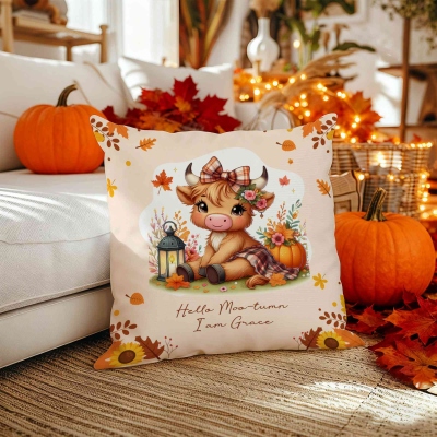 Personalised Autumn Highland Cow Pumpkins Soft Throw Pillow, Thanksgiving Pillow with Name, Thanksgiving Gift for Kid Woman, Home Decor