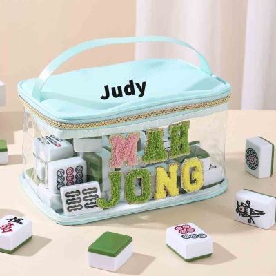 Personalized Towel Embroidered Letters Portable Mahjong Storage Bag, Customized Name Mahjong Bag, Transparent Waterproof Large Capacity Bag, A Gift for Mahjong Lovers