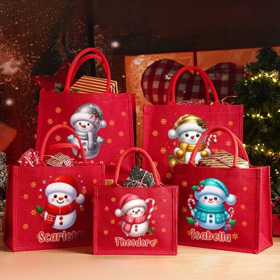 Personalized Cartoon Christmas Snowman Design Tote Bag with Name, Large Capacity Jute Bag, Holiday Party Favor, Christmas Gift for Kids/Family/Friends
