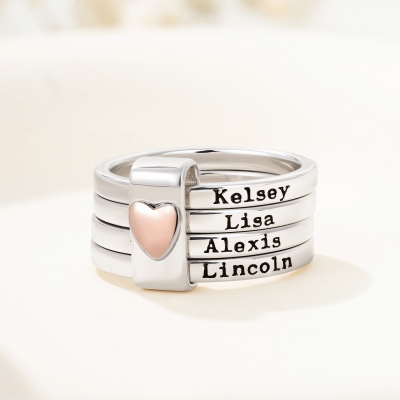Personalized Engraved 2-5 Names Stacking Rings with Heart, Rustic Sterling Silver Ring, Mother's Day/Birthday/Anniversary Gift for Women