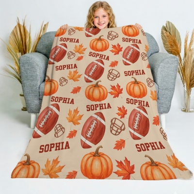 Personalized Autumn Football Blanket, Custom Name Pumpkin Maple Leaf Blanket, Thanksgiving Birthday Gift for Football Lover