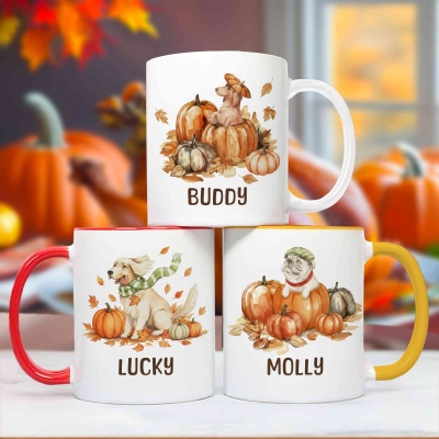 Custom Fall Pumpkins Dog Mug, Personalized Name Coffee Cup with Coaster, Thanksgiving Birthday Gift for Dog Owner Lover