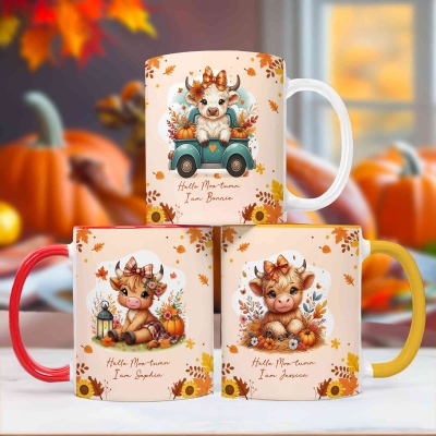 Personalised Autumn Highland Cow Pumpkins Mug, Thanksgiving Coffee Cup with Coaster and Name, Thanksgiving Gift for Highland Cow Lover