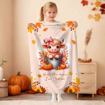 Personalised Autumn Highland Cow Pumpkins Blanket, Thanksgiving Blanket with Name, Thanksgiving Birthday Gift for Highland Cow Lover