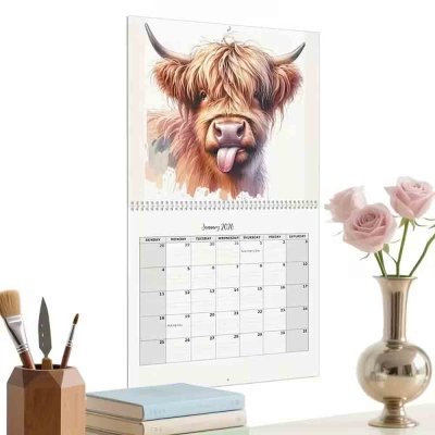 Highland Cow 12 Months Calendar 2026, Watercolor Monthly Wall Calendar, Home Decor, Birthday/Christmas Gift for Highland Cow Lovers/Farmers/Family