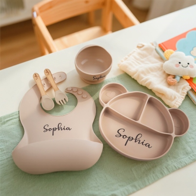 Custom Food Grade Silicone Elephant Baby Divided Suction Feeding Set with Name, New Baby Toddler Dinnerware, First Birthday/Baby Shower Gift