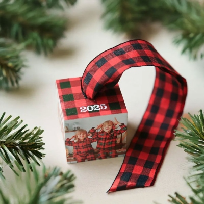 Personalized Photo Cube Christmas Ornament with Text, Wooden Christmas Tree Hanging Ornament, Holiday Home Decoration, Christmas Gift for Kids/Family