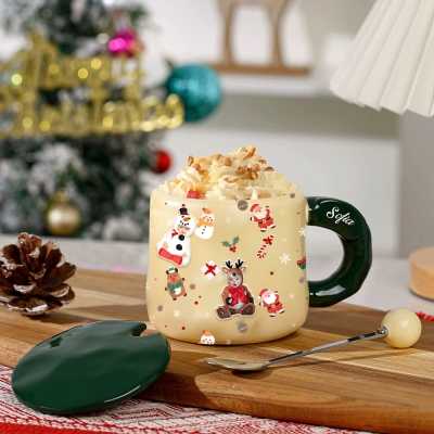 Personalized Name Christmas Theme Mug with Magnetic Photo Decors, Ceramic Mug with Lid and Spoon, Christmas Stocking Stuffer, Christmas Gift for Kids