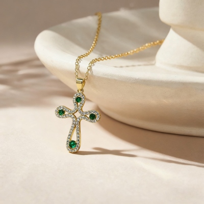 Custom 1-4 Birthstones Cross Necklace, Elegant Sterling Silver 925 Christian Faith Jewelry, Birthday/Baptism/Christmas Gift for Family/Women/Friends