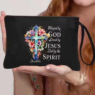 Personalized Name Cross Bible Verses Floral Tote Bag & Coin Purse Set, Christening Scripture Bag, Birthday/Christmas/First Communion Gift for Women