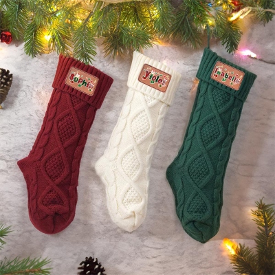 Personalized Name Leather Patch Knitted Christmas Stocking, Festival Fireplace Christmas Tree Hanging Ornament, Christmas Gift for Family/Kids