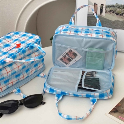 Personalized Name Blue Plaid Handbag with Bow, Multi-Compartment Makeup Organizer, Travel Makeup Bag, Christmas/Birthday Gift for Her/Girls/Daughters