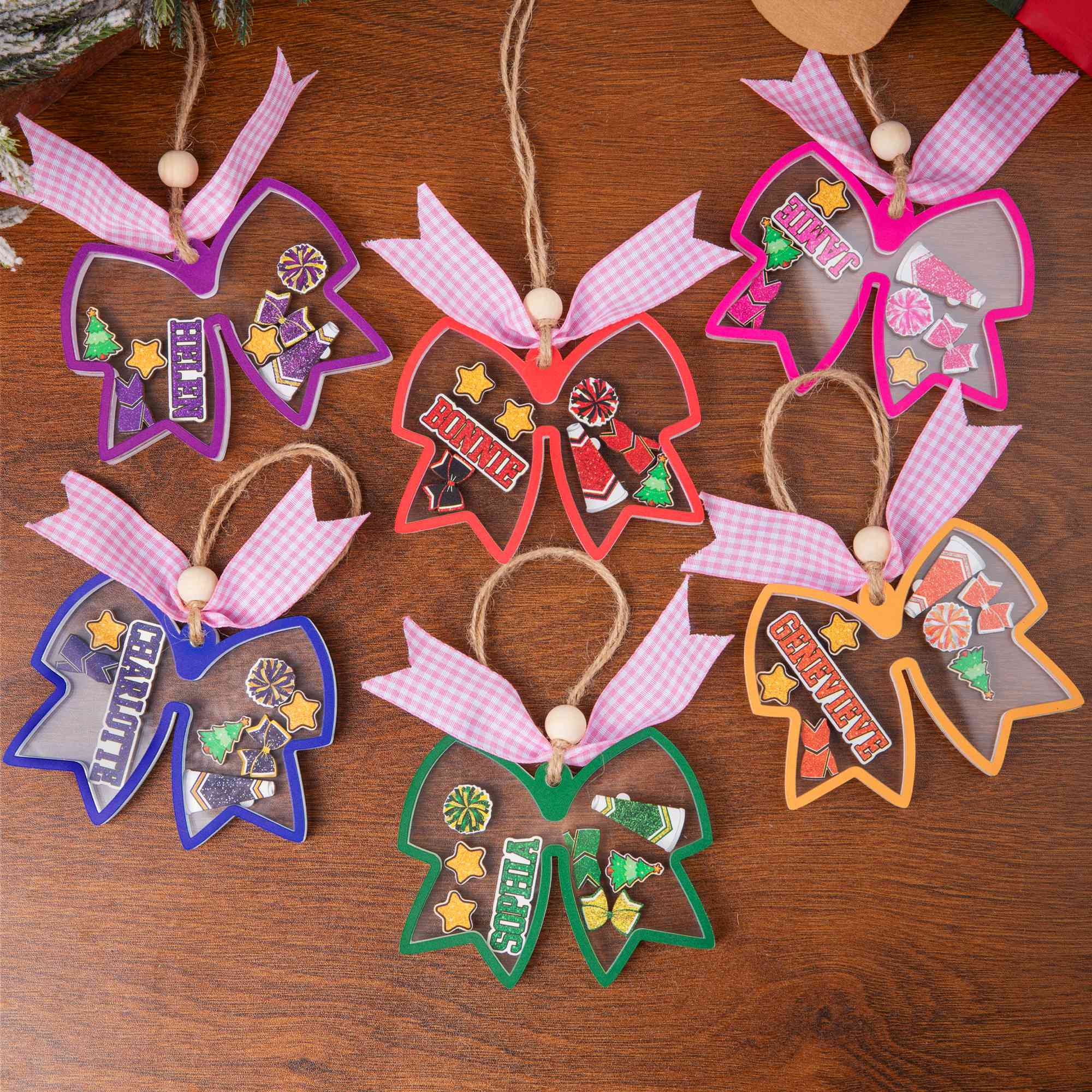 Personalized 3D Cheerleading Bow Tie Pom Pom Christmas Shaker