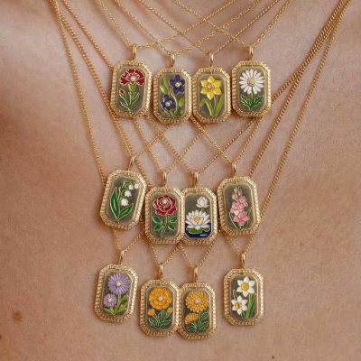 Custom Name Epoxy Birth Flower Necklace, Sterling Silver 925 Pendant Necklace, Vintage Floral Jewelry, Birthday/Mother's Day Gift for Her/Mom/Grandma