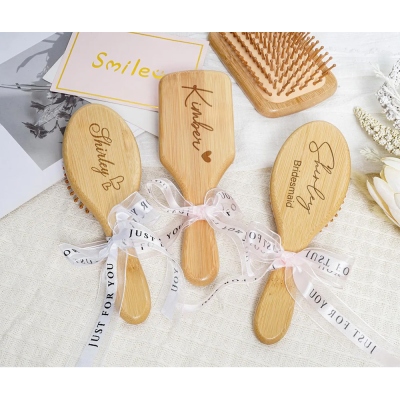 Personalized Engraved Name Wooden Comb for Bridesmaids, Elegant Hair Brush with Ribbon, Bridal Party Favor, Wedding/Proposal/Birthday for Her/Bestie