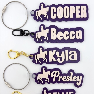 Personalized Equestrian Horse Name Tag Keychain, Youth Sports Team Equipment Keyring, Backpack Charm, Gift for Horse Lovers/Equestrians/Riders