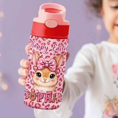 Personalisierte Wasserflasche mit Leoparden- und Osterhasenmotiv, Edelstahlbecher (355 ml) mit Strohhalm und Deckel, Geburtstags-/Ostergeschenk für Kinder/Jungen/Mädchen