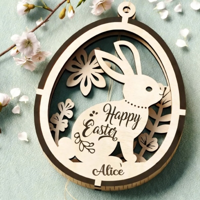 Personlig kanin påskägg blommig laserskuren ornament med namn, söt 3D-lagerhängande dekor, påskminne, påskpresent till barn/familj/vänner